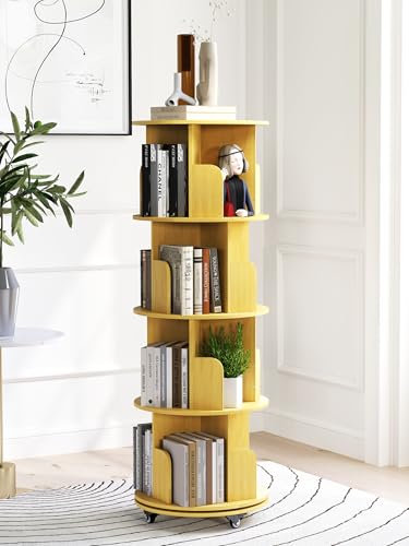 Suuiwau 360° drehbares Bücherregal, 4-stöckiges bücherregal drehbar mit 4 Rollen Kinder bücherregal für Kinderzimmer, Wohnzimmer, Schlafzimmerr (Holzfarbe)