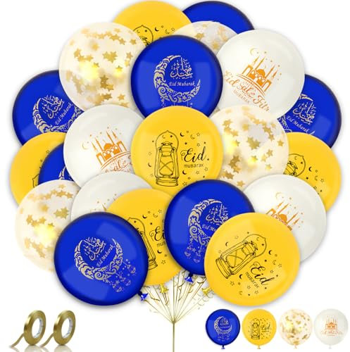 AhfuLife 32 Stuck Eid Mubarak Deko Luftballons, Stern Mond Blau Weiß & Gold Eid Luftballons Eid Mubarak Dekoration für Muslim Islamische Party Umrah Ramadan Mubarak Kareem Deko