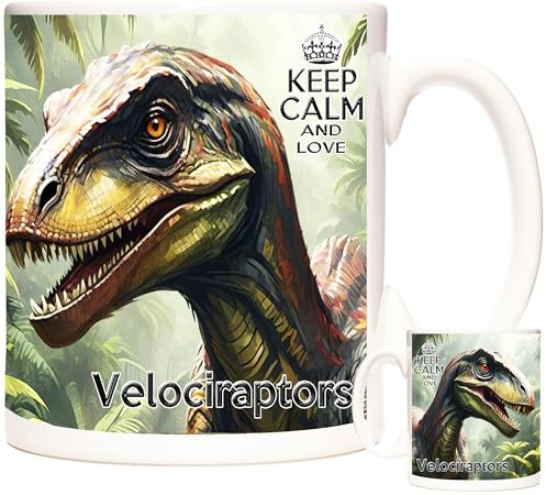 Velociraptor Dinosaur Gift Mug. 11oz Ceramic Mug Dishwasher and Microwave Safe. Jurassic Dinosaur Mug