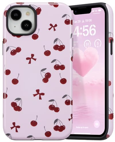 DEFBSC Hülle für iPhone 14 Plus/15 Plus, Süße Motiv, Rote Schleife | Rosa Kirsche Ästhetische Trendige Muster Stoßfest Handyhülle Schutzhülle für Mädchen Frauen,Doppelschichtigem Hybrid-Schutz