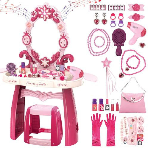deAO Schminktisch Frisiertisch für Mädchen mit Hocker, Musik & Licht, Princess Schönheitsstudio Frisiersalon Kinderschminke Set, mit Styling-Zubehör Friseur Set für Kinder ab 3 Jahren
