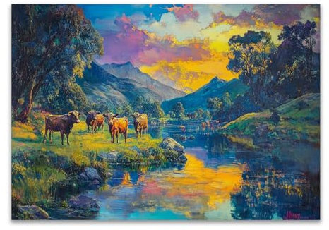DunPei Safari Tiergemälde für Wandkunstposter, Rinder am Fluss sind die beste Wahl für Verwandte und Freunde auch ein Überraschungsgeschenk - 80x120cm Ungerahmt(grün)