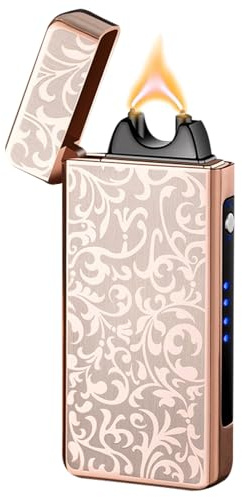 Accendino Elettrico RSBYE Plasma Fiamma Antivento Personalizzato Candele Accendino USB Ricaricabile con Indicatore della Batteria (Oro Rosa Fiore)