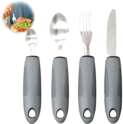 Easy Grip Cutlery, 4 Pcs Wide Straight Handles Adaptive Cutlery with Knife Fork Spoon, Cutlery for Arthritic Hands,Cutlery for Disabled Hands, Adaptive Eating Drinking Utensils for Elderly Parkinson