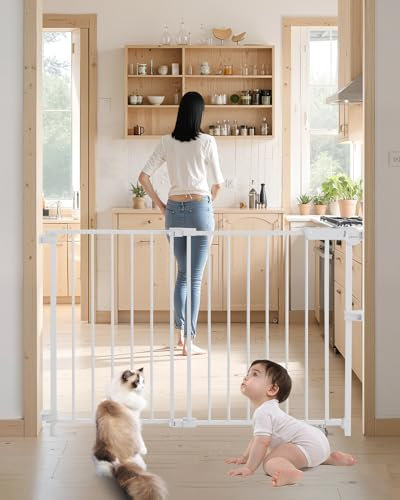 VEVOR Baby Gate, 29.5-43 Inches Adjustable Width, 28 Inches High Dog Gate, No Threshold Bar, Easy Step Walk Thru, for Child Pet Security, with Screws, One-Hand Open, for Stairs and Doorways, White