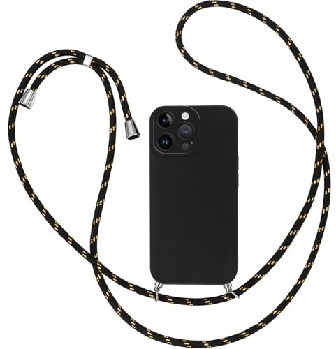 Knrlqim Coque avec Cordon pour Apple iPhone 14 Pro Max,Protection Antichoc Collier Lanière,Étui Housse Portable Lanyard Case pour iPhone 14 Pro Max 6.7 Arrière Givrée Anti-Traces de Doigts,Or Noir