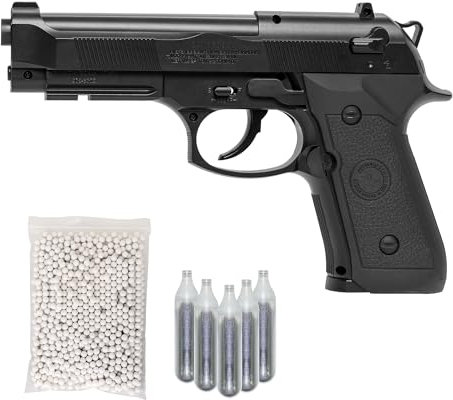 Pistola Softair Beretta 92 Co2, potenza 0,9 joule Bundle Completo: Pistola a Pallini, 5 bombolette Co2, 1000 Pallini 6mm - Airsoft, Pistole Softair, colore nero