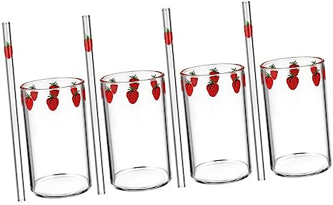 Mikinona 4sets Tazze Trasparenti Forma Di Fragola Di Bicchieri Cannuccia Per Succhi Bevande Tè Frutta Adatte Per Uffici Feste e Altri Usi