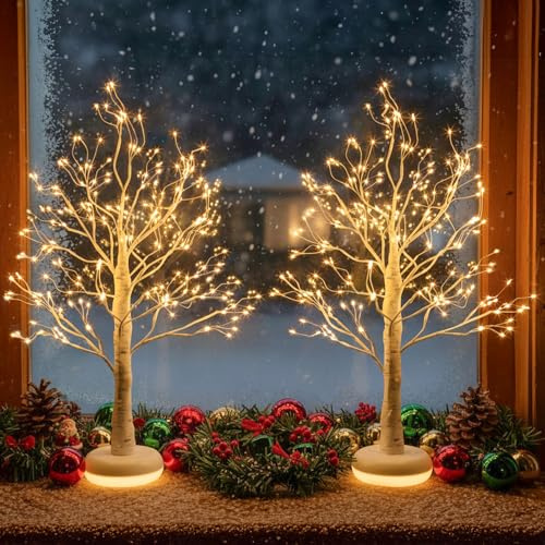 EAMBRITE 2-Pack Christmas Tree with Light-up Base Rechargeable Christmas Decoration with Night Light Function Twig Tree Indoor for Christmas Home Party Wedding 55cm
