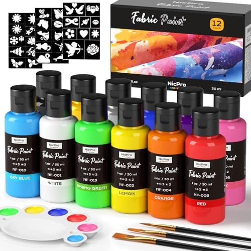 Nicpro Textilfarbe Waschmaschinenfest 12 Farben Je 30 ml, Stofffarben Waschfest, Stoffmalfarben mit 3 Pinsel, Palette, Vorlagen, Farbe für Kleidung, T-Shirts, Jeans, Taschen, Schuhe, Holz