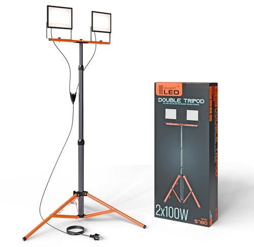 SmartLED Baustrahler Arbeitsstrahler mit Stativ 2x100W, LED Strahler 2x11000 Lumen, 1,60 m Einstellbar Teleskopisch, 360° Grad Drehung, 180 cm Kabel, IP65, kompakt und leicht (2x 100W 22000lm)