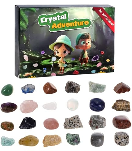Adventskalender 2025 für Kinder mit Natürlichen Edelsteinen Kristallen und Mineralien, 24 Tage Weihnachtskalender Countdown Geschenk zum Sammeln und Lernen für Jungen und Mädchen