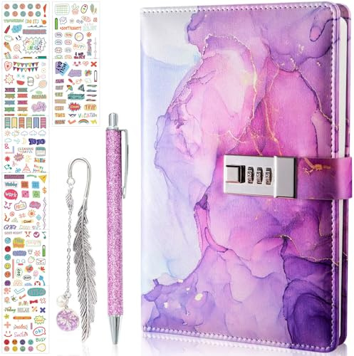 Tagebuch Mädchen mit Schloss Geschenk für Frauen Teenager Erwachsene | A5 PU Leder Journal mit Code für Kinder ab 9 10 11 Jahren, 200 Seiten Lila Marmor Notizbuch mit Stift Lesezeichen Aufklebern