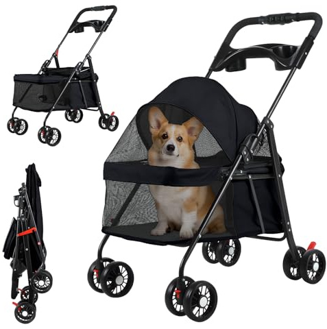 Hundewagen 2 in 1, Faltbarer Hundebuggy bis 10 kg, Katzenwagen mit 4 Rädern, Netzfenstern und Getränkehalter, Klappbar Haustiere Buggy Bollerwagen Stroller Jogger für Kleine Hunde & Katzen