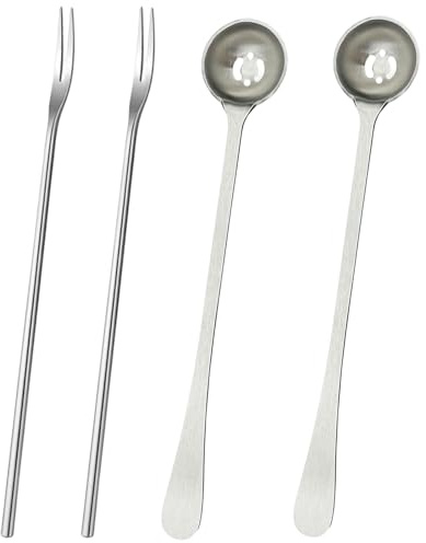 4Pcs 304 Stainless Steel Olive Spoon and Pickle Fork Set, Long Handle Slotted Grabbers Stirring Spoons for Olives/Onions/Fruits/Canned Foods, Kitchen Grilling, Serving Utensils