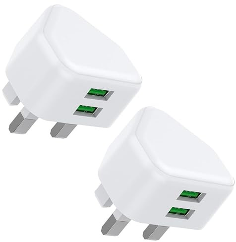 USB Plug,Dual USB Charger Plug UK 2Pack Phone Plugs with USB Port Double Compact 3 Pin Mains Charge Head 10.5W 5V 2.1AMP Charging Compatible with iPhone 13 12 11 SE XS XR X 8 7 6 5 iPad Watch Airpods