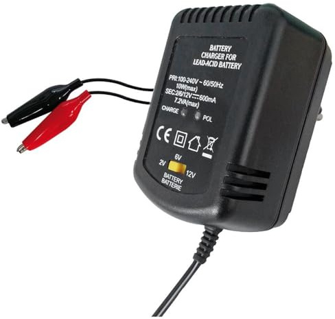 Universal 2V 6V 12V 600mA Battery Charger for AGM GEL Lead Acid Batteries with Alligator Clips for Direct Connection to Battery for Batteries up to 9Ah Adjustable Charging Voltage