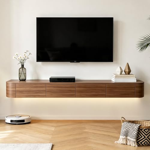 Meuble TV Mural 120-300cm Banc TV Suspendu Flottant avec Portes De Rangement Console Multimédia TV Murale pour Salon Moderne Chambre À Coucher Et Téléviseurs 43 À 95 Pouces(Walnut,300cm)