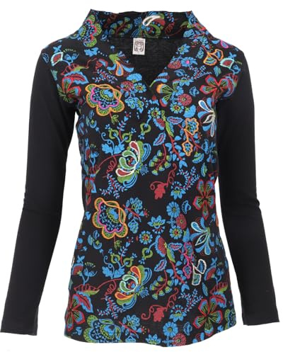 GURU SHOP Besticktes Langarmshirt mit V-Neck Flower Power Hippie Chic, Damen, Baumwolle