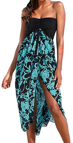 Uranus Women Summer Baggy Loose Slit Feather Print Slit Strapless Bardot Maxi Beach Dress, Turquoise, M