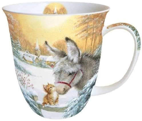 Ambiente Weihnachtstasse aus feinem Knochenporzellan, Esel und Kätzchen, 0,4 l