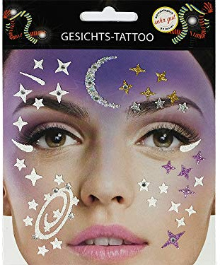 Gesichtstattoo Galaxy Tattoo Karneval Fasching Junggesellenabschied | Das Galaxy-Motiv setzt funkelnde Weltraum-Akzente direkt im Gesicht und spart aufwendiges Detail-Schminken.