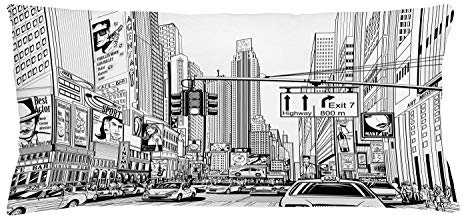 ABAKUHAUS NYC Kissenbezug, Straße von New York Urban Sketch, Dekokissenhüllen Waschbar Inn/Outdoor Beidseitiger Druck mit Reißverschluß, 90 x 40 cm, Charcoal Grau und Weiß