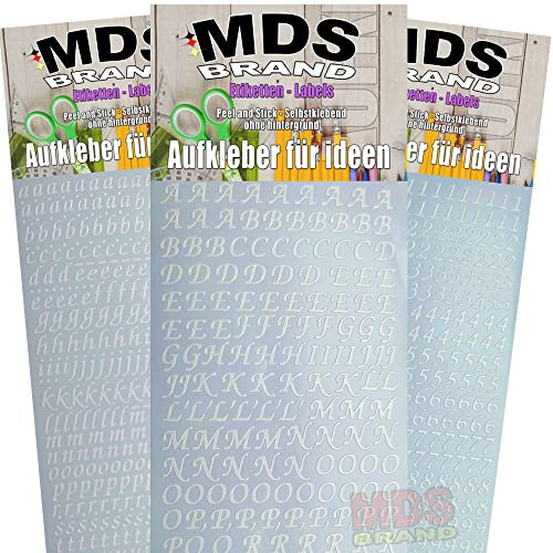 MDSBrand 1cm Schreibschrift Buchstaben Aufkleber & Zahlen Aufkleber 3er/pk ideal für Hochzeit, Weihnachten und Geburtstagen, einfach zum basteln und gestalten von Karten & Fotoalbum 34 (Weiss)