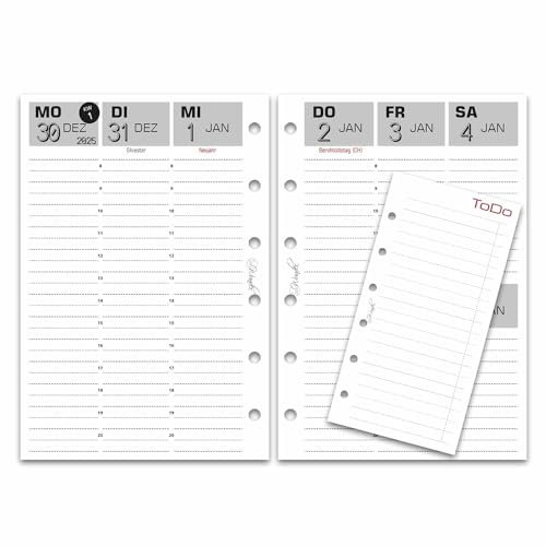 SinnWunder® Premium Kalendereinlagen 2025 - Wochen-Kalender mit 1 Woche auf 2 Seiten – Größe Pocket – mit gratis ToDo-Listen – BasicSinn