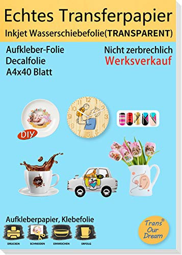 TransOurDream ECHTE Inkjet Wasserschiebefolie(TRANSPARENT) für Tintenstrahldrucker,A4X40 Blatt, Transferfolie,Bedruckbares Aufklebepapier für Spielzeugmodelle,Tassen,Keramik, Glas,Kerze (6-40)