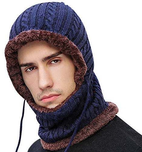 Gisdanchz Warme Slouch Beanie Haube Hut Winter Strickmütze Wollmütze Knitted Hat Balaclava Damen Herren Sturmhaube Ski Snowboard Maske Mundschutz Loop Fleece Schal Skifahren Neck Warmer Navy Blau