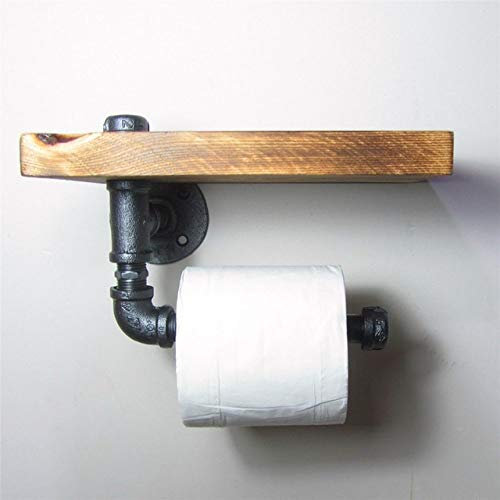 Vintage Handicraft Urban Industrial Wandhalterung Holz Lagerregal Eisenrohr Toilettenpapierhalter Roller Restaurant Toilette, schwarz
