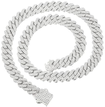 Halukakah Platin Plattiert Kubanischer Diamant Link Halskette Für Männer - Über 1000 Labor Diamanten Handset - Breite 12mm Länge 50cm - Mit Geschenkbox