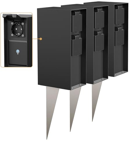 ledscom.de 3X Garten-Steckdosensäule POMI mit Erdspieß für außen, IP44, Smart Home, WLAN, Alexa, 3-Fach, schwarz, eckig, 23cm