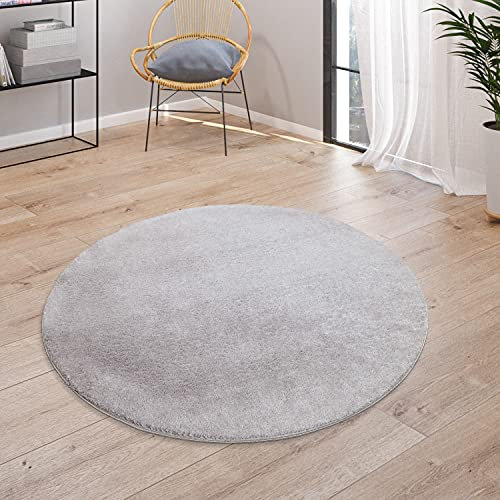 Paco Home Teppich Wohnzimmer Kurzflor Weich rutschfest Modern Einfarbiges Muster Grau, Grösse:80 cm Rund