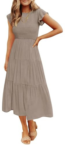 ZESICA Women's 2023 Summer Casual Flutter Short Sleeve Crew Neck Smocked Elastic Waist Tiered Midi Dress, Lightkhaki, S