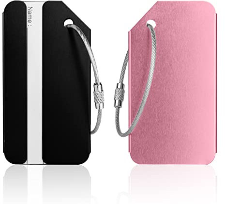Luggage Tags, 2Pcs Aluminum Alloy Baggage Labels, Suitcase ID Tag Set, Handbag Tag Labels Travel Accessories for Checked Luggage, Hand Luggage and Handbags - Pink & Black