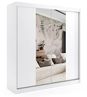 ALTDECOR Kleiderschrank mit Spiegel und Schiebetüren, kugelgelagerte Führungsschienen und Aluminium-Leisten, LED-Beleuchtung (weiß + 16 Farben) und Fernbedienung - LUZO - 200 cm Weiß