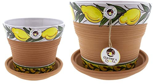 CERÁMICA ESPAÑA | Macetas de Barro | Macetas Decorativas | Macetas Exterior | Conjunto x2 Decorado Limones - D08 | Decoración 100% Hecho a Mano | 25x25x22 cm + 20x20x18 cm | Plato Incluido