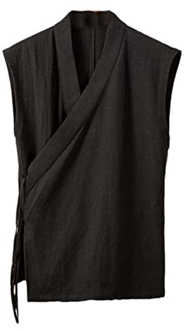 Aoleaky Vêtement Traditionnel Chinois Hanfu Gilet Hommes Lin Coton Haut sans Manches Hommes Tang Costume Kimono Cardigan Hommes Haut Fendu Black XL