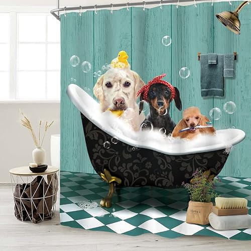 Miyotaa Lustiges Hunde-Duschvorhang-Set, 152 x 180 cm, Vintage-Tiermotiv, Türkis, Welpen, Haustiere, Polyester, wasserdichter Stoff, Badezimmer-Vorhang mit 12 Haken