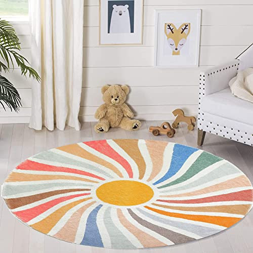 Poowe Sun Rainbow Runder Teppich, farbenfroher Boho-Kinderteppich, ultraweich, waschbar, Kinderzimmerteppich für Schlafzimmer, Schule, Klassenzimmer, 1,2 m rund