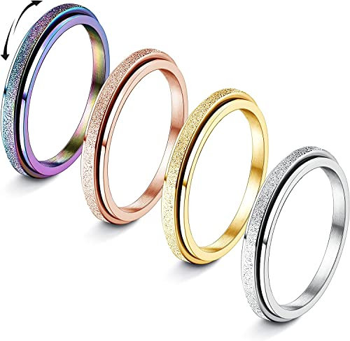Diamday 4Pcs Anti-Angst Spinner Ringe für Stress Angstlinderung Fidget Band Ringe für Damen Herren Edelstahl Stress Anxiety Ringe Angst Ringe Drehbarer Ringe Roller Ringe Sand Blast Finish 2MM 60