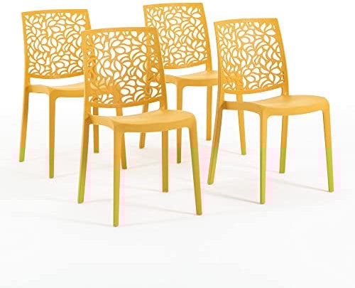 RATTATAN Anna - Stühle aus glasfaserverstärktem Harz, stapelbar, für den Innen- und Außenbereich geeignet, mit einem von Blättern inspirierten Rückendesign (4, Senfgelb)