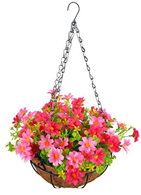 Artificial Hanging Flowers in Basket for Patio Garden Porch Deck Decoration, Indoors and Outdoors Silk Flowers Chain Hanging Basket Flowerpot Fake Flower DIY Artificial Daisy Pink Flowers Basket