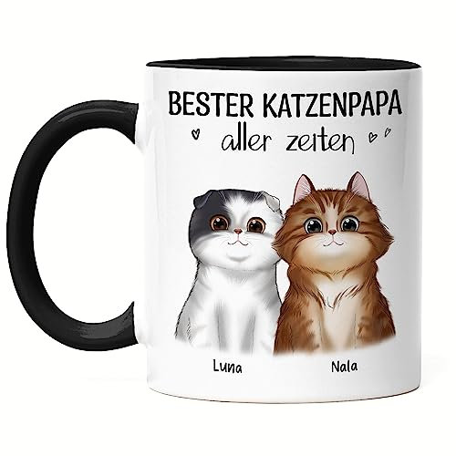 Kiddle-Design Katzenbesitzer Tasse Schwarz Personalisiert Geschenk Katzenpapa 2 Katzen Katzenliebhaber Katzenmotiv Spruch Name Katzenfreund Haustier