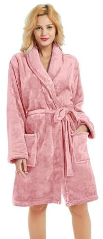 U2SKIIN Women Fleece Dressing Gown, Short Cozy Plush Robes for Womens Soft Shawl Collar Warm Spa Dressing Gowns (Bean Pink, S/M)