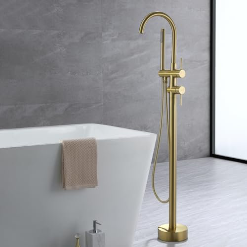 TapLong Freistehende Badewannenarmatur aus massivem Messing, Bodenmontage, Wannenfüller, gebürstetes Gold, hoher Durchfluss, Duscharmaturen mit Handbrause, hohe Durchflussmenge, max. 6 GPM