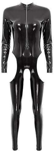 iEFiEL Damen Wetlook Jumpsuit mit Reißverschluss Leder-Look Body Catsuit glänzend Overall Dessous Ouvert-Leggings Clubwear Zd Schwarz 4XL