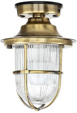 Außen Deckenlampe Maritim, Messing Lampe außen, Glas, geriffelt, IP54, E27, H:23 cm, nostalgisch, Kellerlicht, Garten, Terrasse, Balkon, Außenlampe Antik